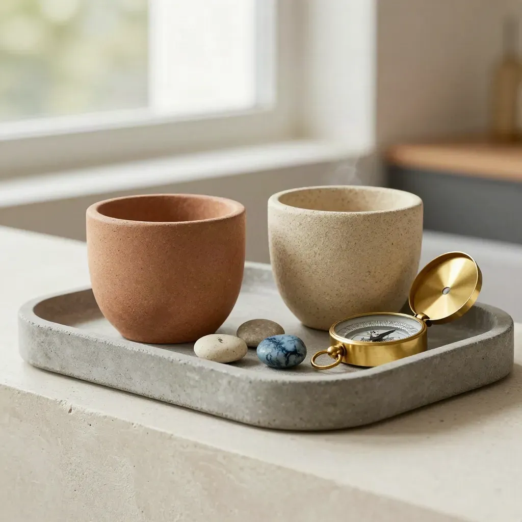 Stone cups, brass compass and pebbles on a concrete tray in warm late-afternoon light.