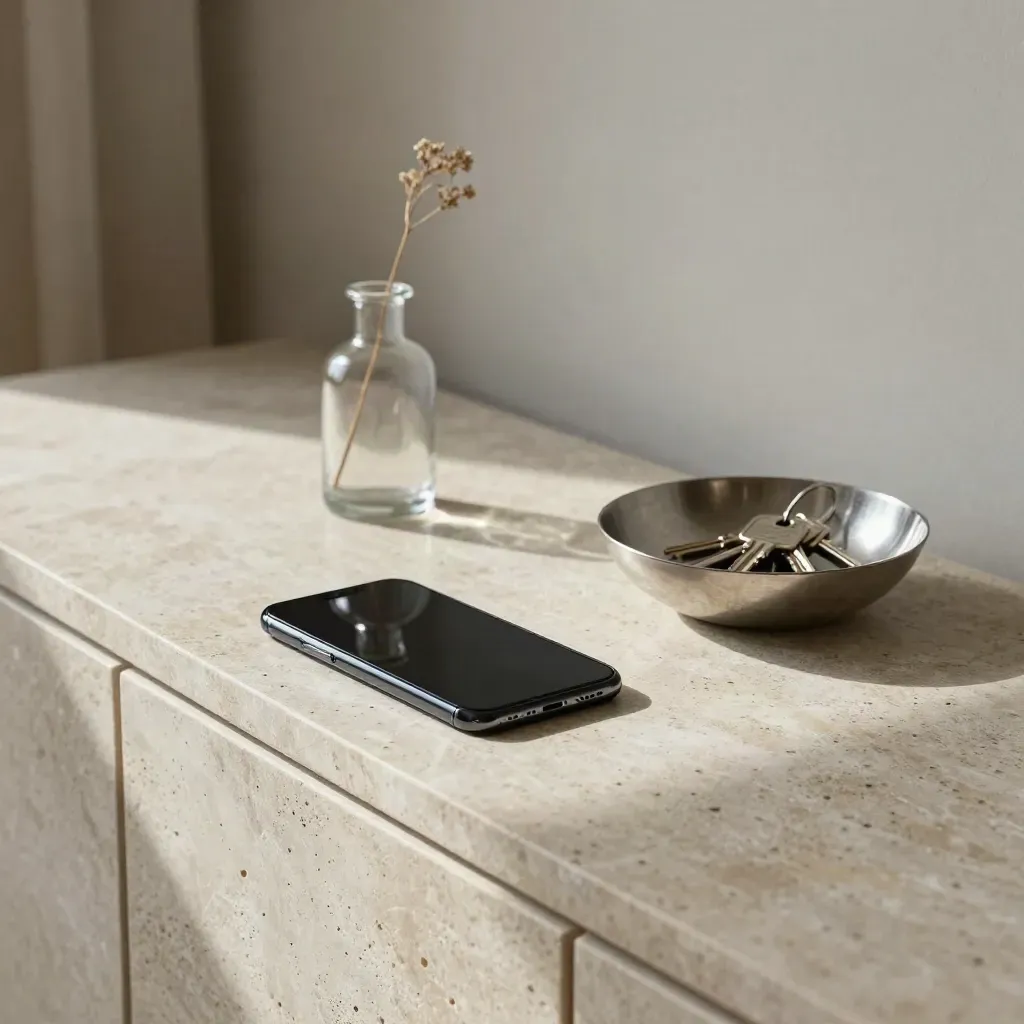 Face-down phone, smoke-glass vase and keys on a travertine sideboard in moody window light.