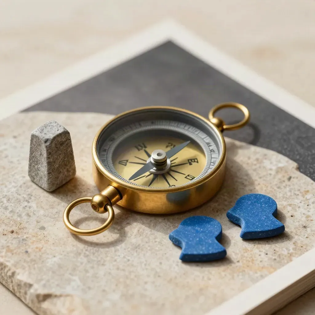 Macro still life of a brass compass, stone markers, and slate-blue profile chips on limestone.