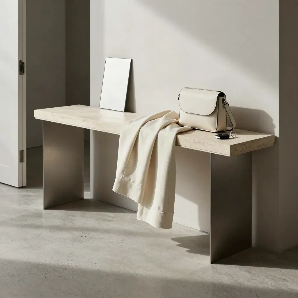Hallway console with keys, compact mirror, jacket and packed crossbody bag by the door.